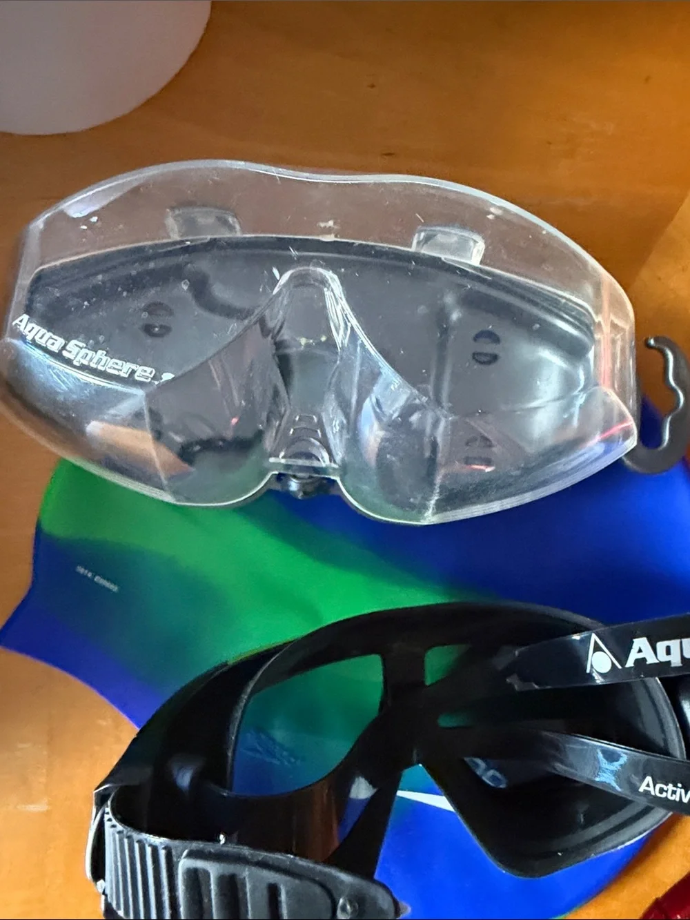 Speedo Men’s Black Swim Mask with Blue Lenses and Green Accent